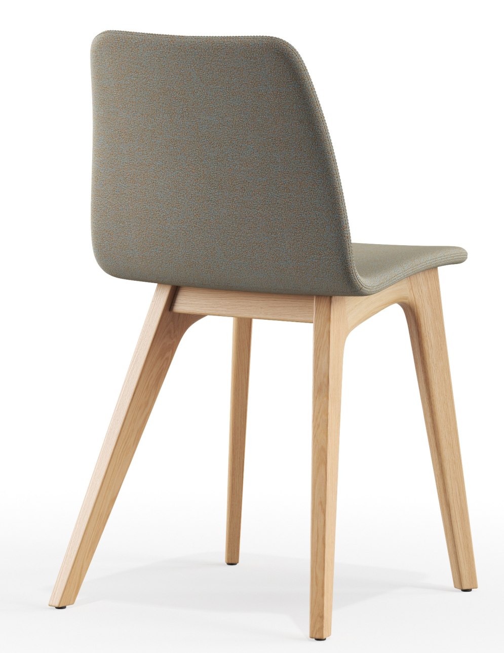 Morph Holzstuhl Vollgepolstert Zeitraum, Rückansicht: Moderner Esszimmerstuhl mit grauem Stoffbezug und hellem Holzgestell.