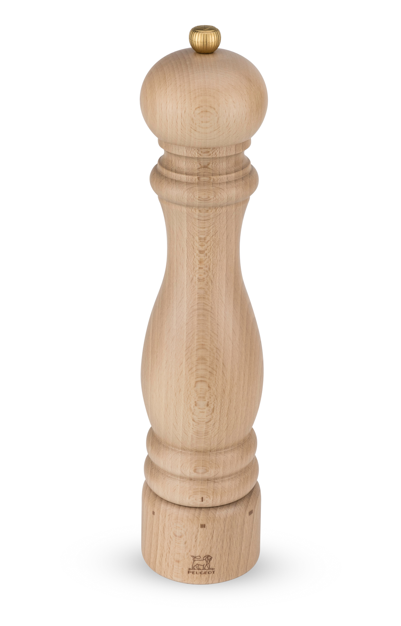 Abbildung einer 30cm hohen Peugeot Paris Pfeffermühle aus hellem Naturholz mit goldenem Knopf.