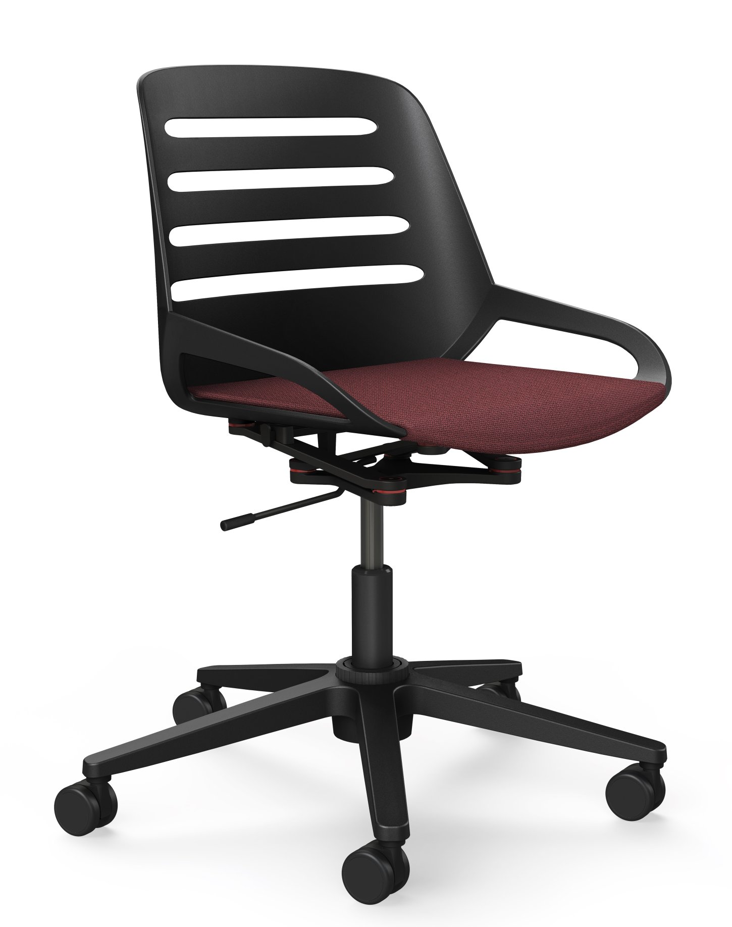 Numo Task Bürodrehstuhl von Aeris mit schwarzem Gestell, rotem Sitzpolster und Rollen. Ergonomischer Bürostuhl für komfortables Sitzen.