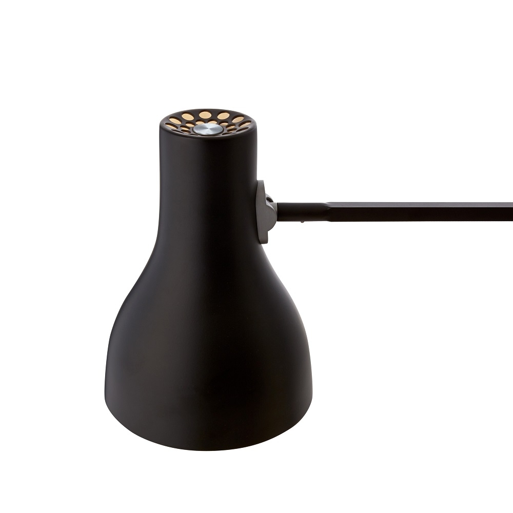 Detailaufnahme der schwarzen Anglepoise Type 75 Tischleuchte, einstellbare Schreibtischlampe für Büro und Arbeitszimmer.