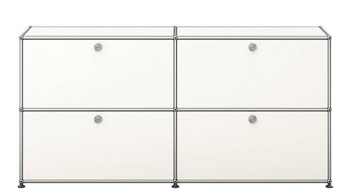 Weißes USM Haller Sideboard mit vier Klappen und verchromtem Gestell, modernes Designmöbel.