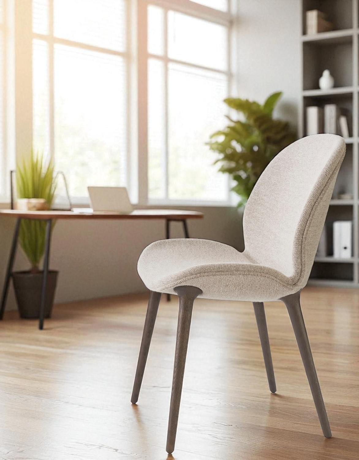 Lodge Stuhl mit Eiche dunkel Beinen und Brook Beige Stoffbezug, modernes Design für Esszimmer oder Büro.