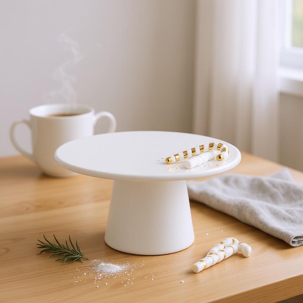 Weiße Etagere mit Zuckerstangen und goldenen Akzenten, Tasse mit Getränk und Rosmarinzweig auf Holztisch.