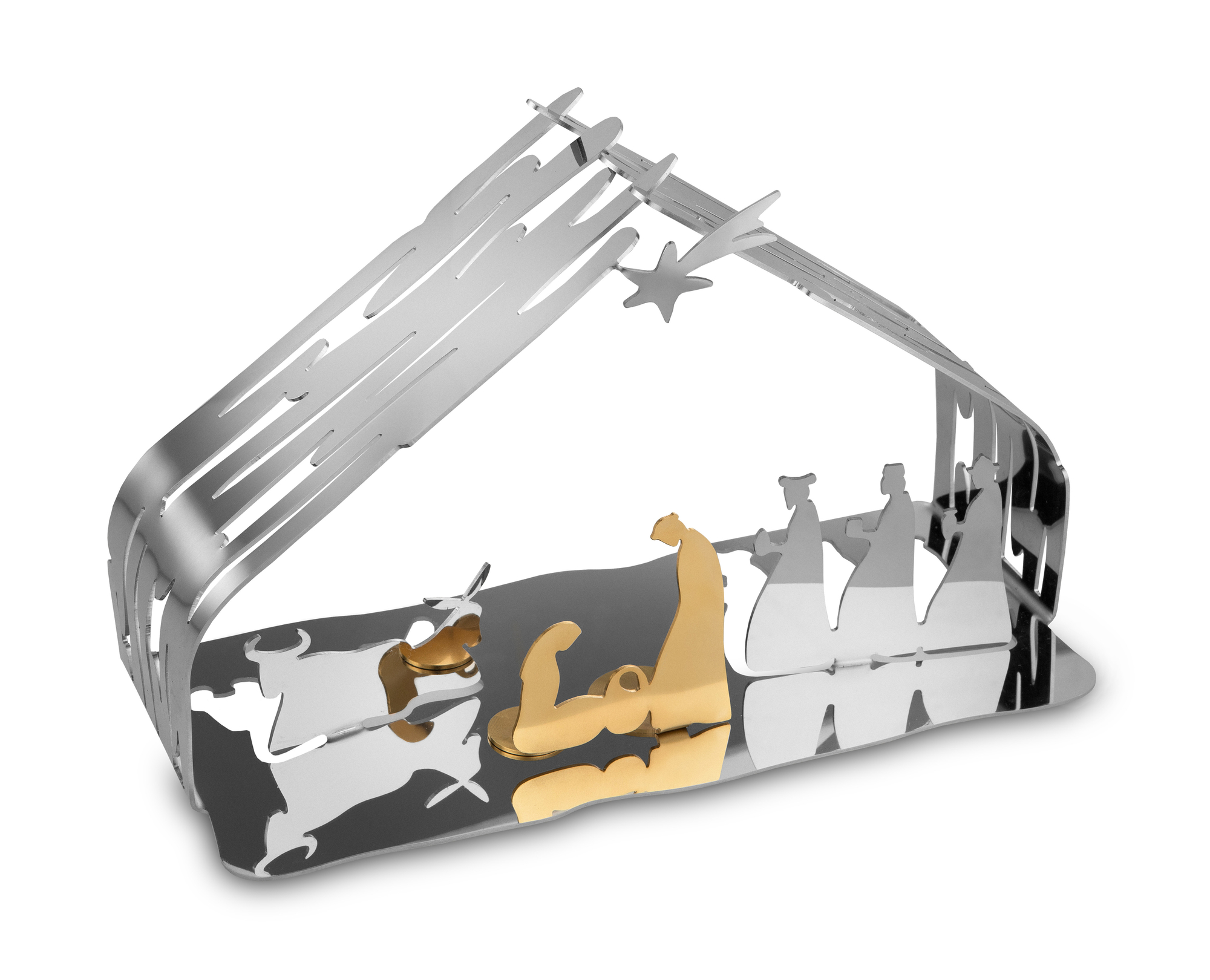 Alessi Weihnachtskrippe Bark aus Edelstahl und Gold, moderne Interpretation der Weihnachtsgeschichte.