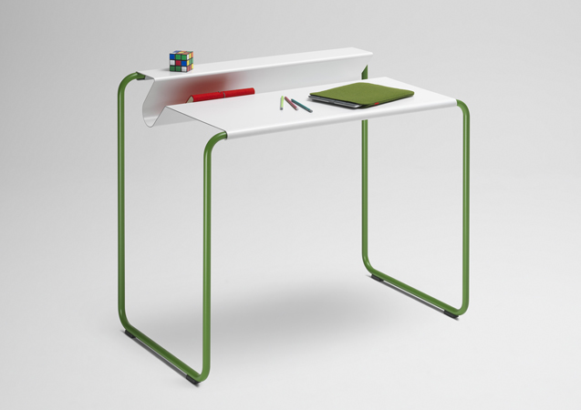 PS07 Sekretär von Müller Möbelfabrikation mit weißer Tischplatte und grünem Gestell, minimalistisches Design mit Ablage.