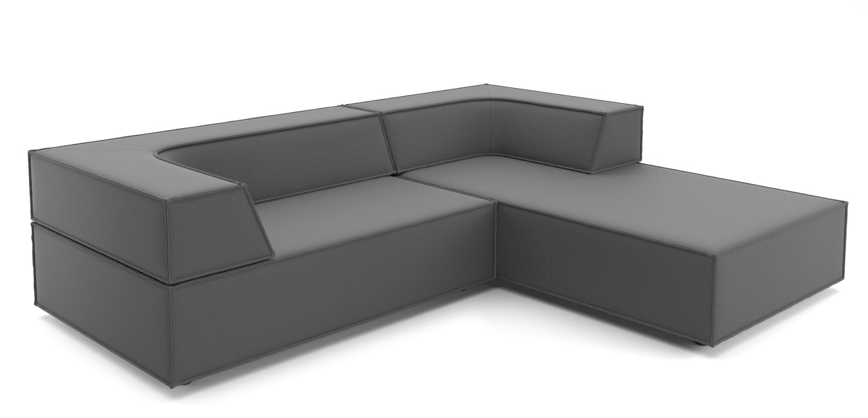 Graues Trio Sofa mit vier Modulen und Eckkombination, modernes Wohnzimmermöbel mit Ottomane rechts.