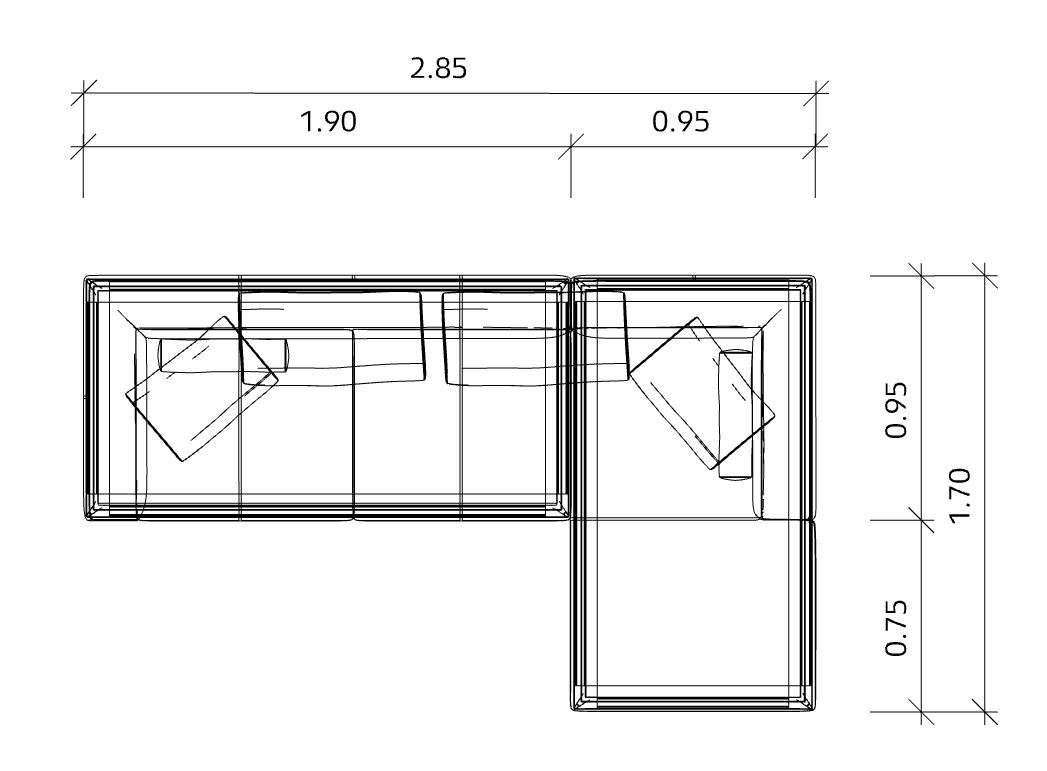 Grundrisszeichnung: Jaan Living 3 Sitzer Sofa mit Kissen und Rollen, Maße angegeben.