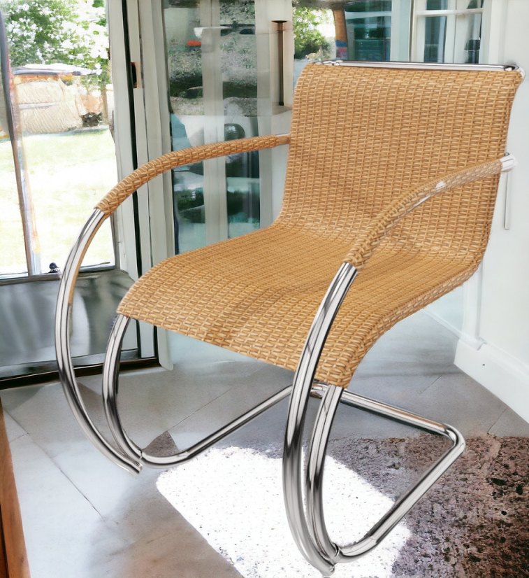 MR Stuhl mit Armlehnen aus Rattan von Knoll International, Stahlrohrgestell, modernes Design.