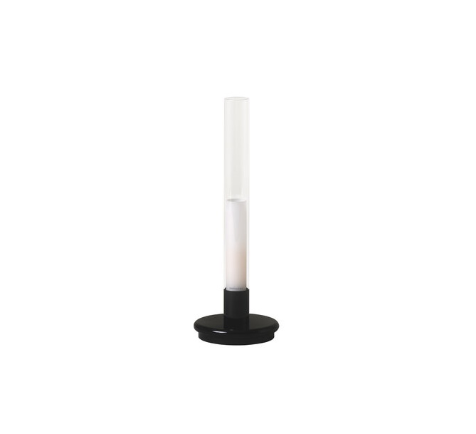 Schwarze Sylvestrina Tischleuchte von Santa Cole mit zylindrischem Glasdiffusor für stimmungsvolle Beleuchtung.
