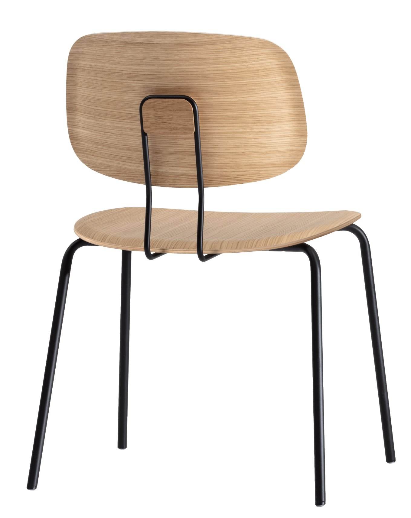 Okito Ply Dining Chair: Rückansicht des Holzstuhls mit schwarzem Metallgestell. Designstuhl für Esszimmer.