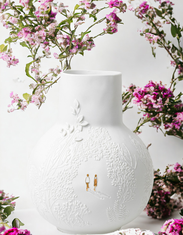 Weiße BG dankbar Vase "Parkspaziergang Räder" mit filigranem Relief und floraler Dekoration für stilvolle Blumengestecke.