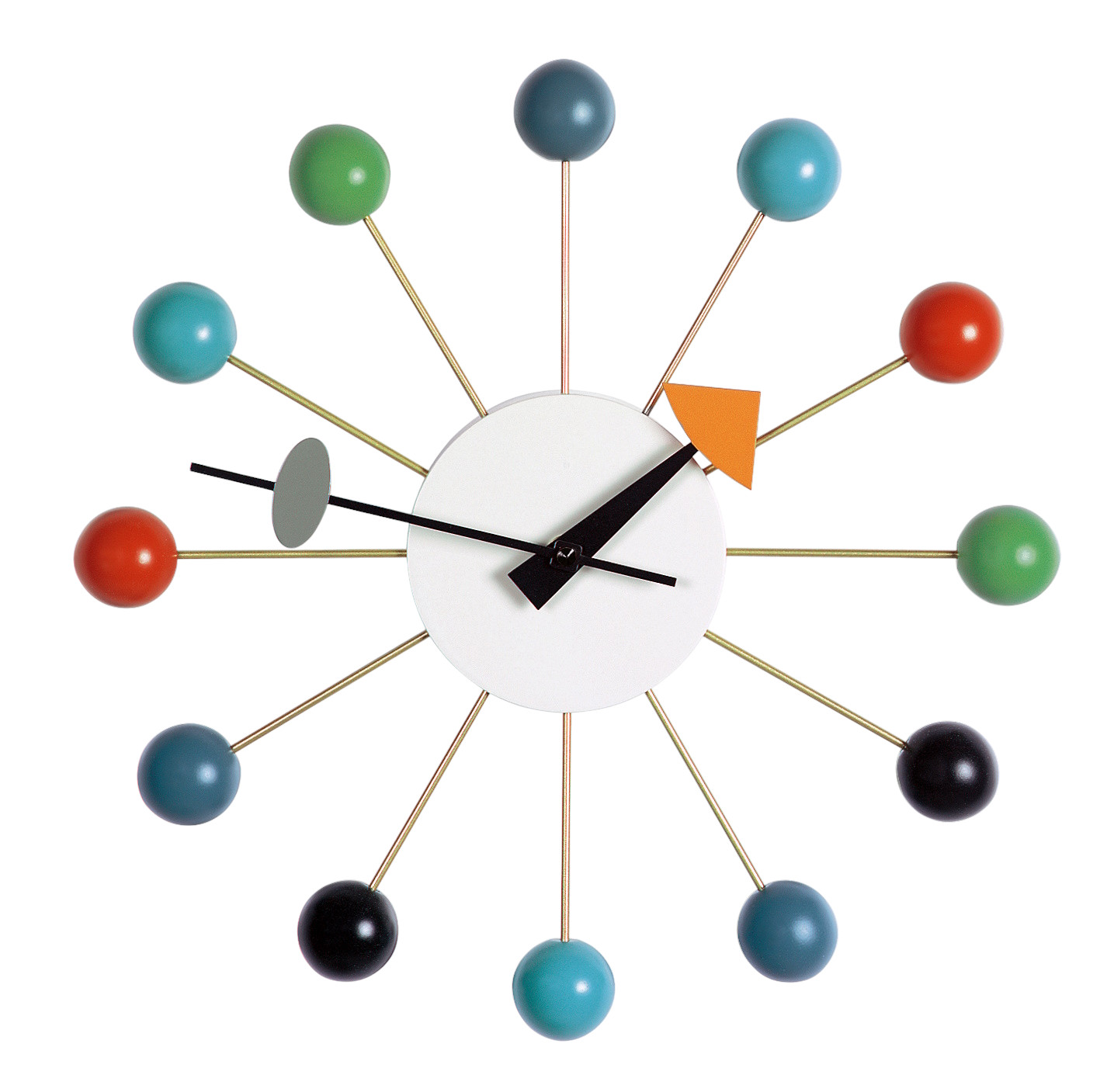 Mehrfarbige Ball Clock Wanduhr von Vitra: Design-Wanduhr mit bunten Kugeln und goldenen Streben.