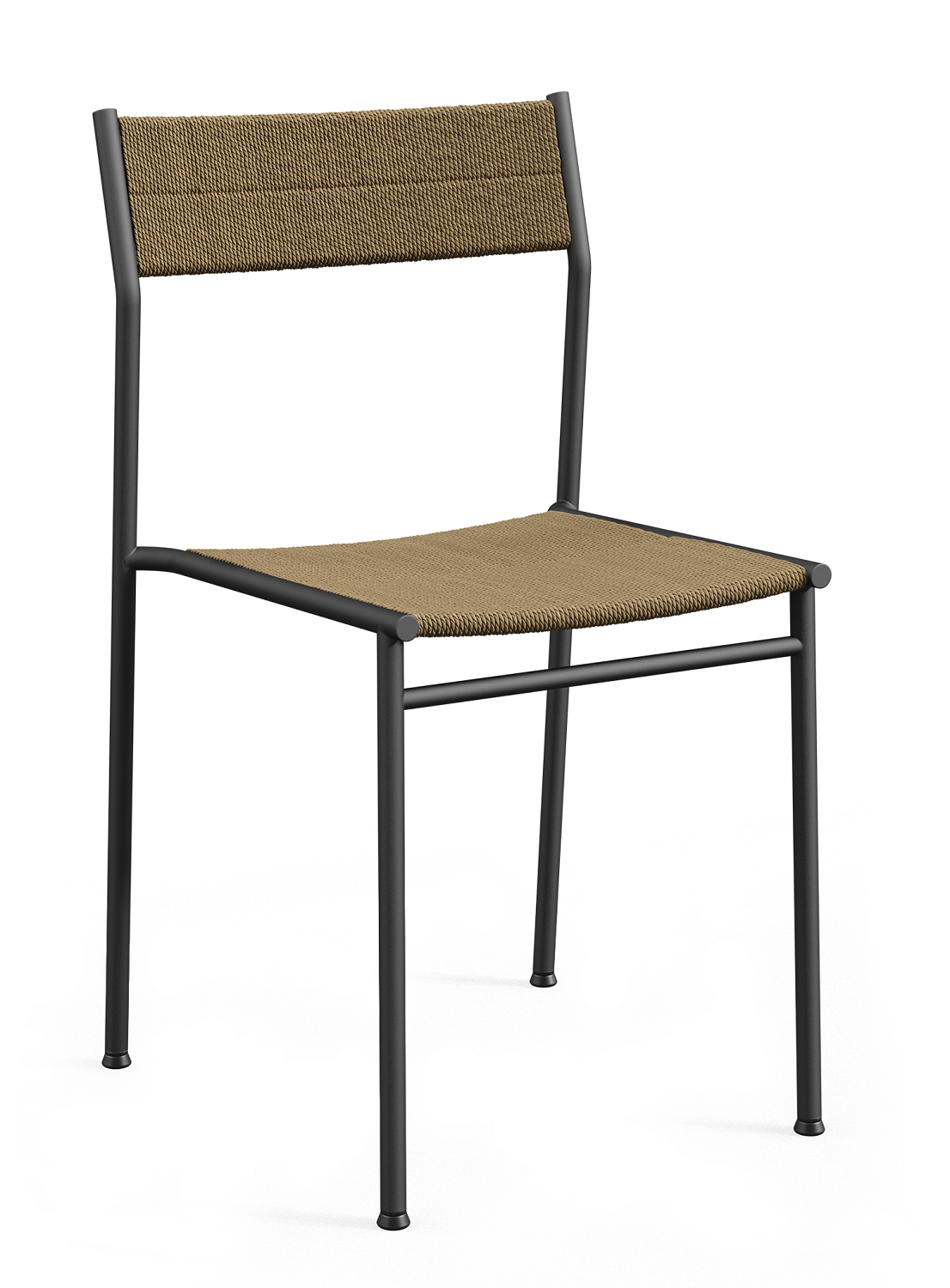 Vev Dining Chair Stuhl Northern mit schwarzem Metallgestell und geflochtener Sitzfläche in Braun.