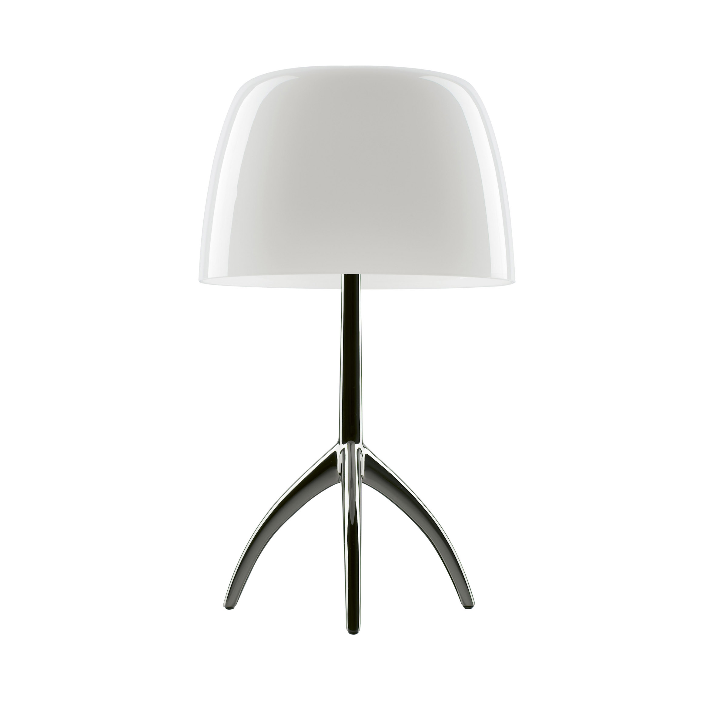 Weiße Lumiere Tischleuchte von Foscarini mit Aluminiumfuß und Dimmer für stimmungsvolles Licht.