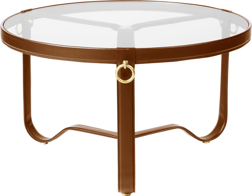 Adnet Couchtisch von Gubi mit runder Glasplatte und braunem Ledergestell. Design Couchtisch.