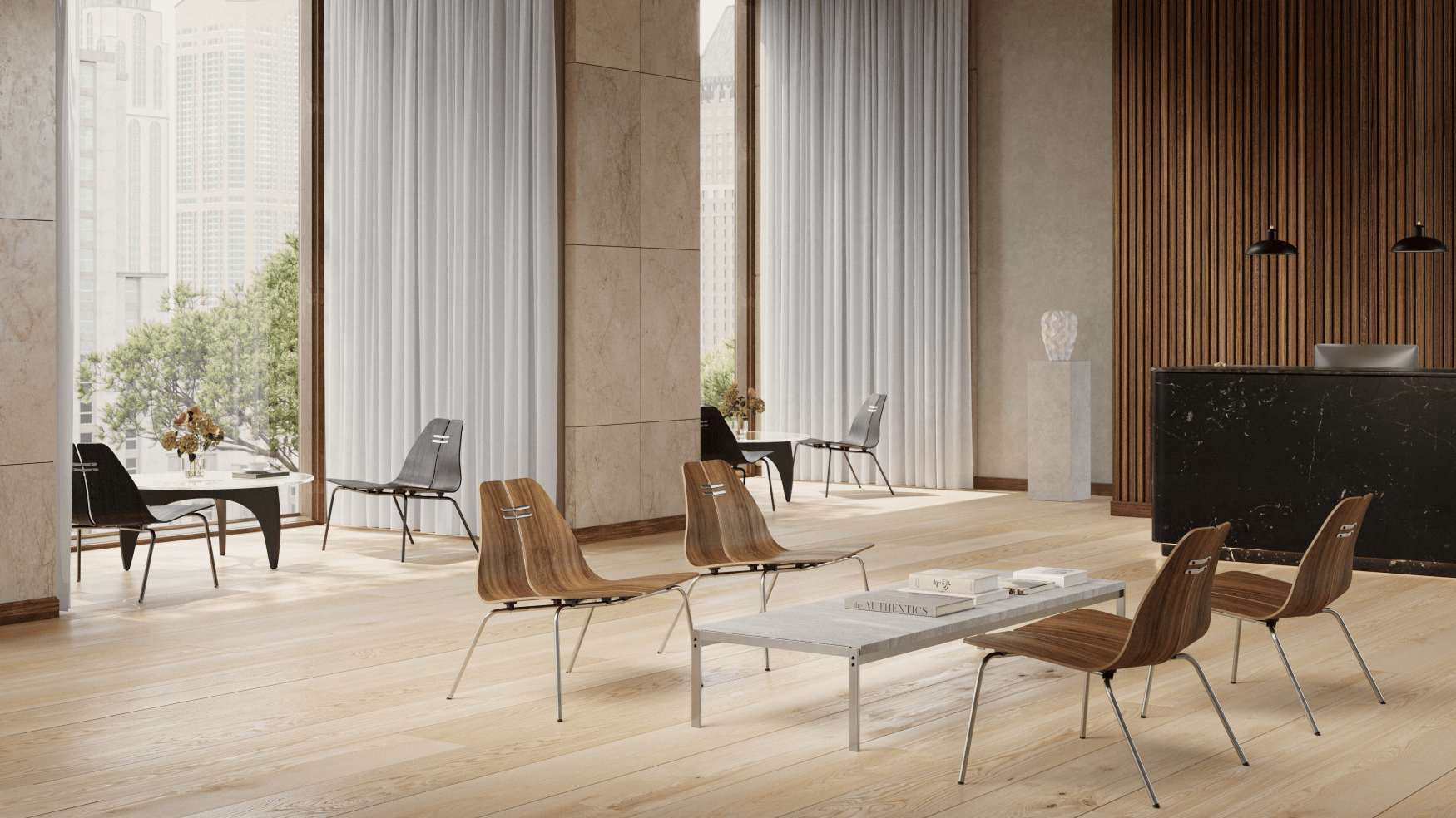 Innenaufnahme mit mehreren PK23 Loungesesseln von Fritz Hansen in einem Wartebereich mit Holzboden und großen Fenstern.