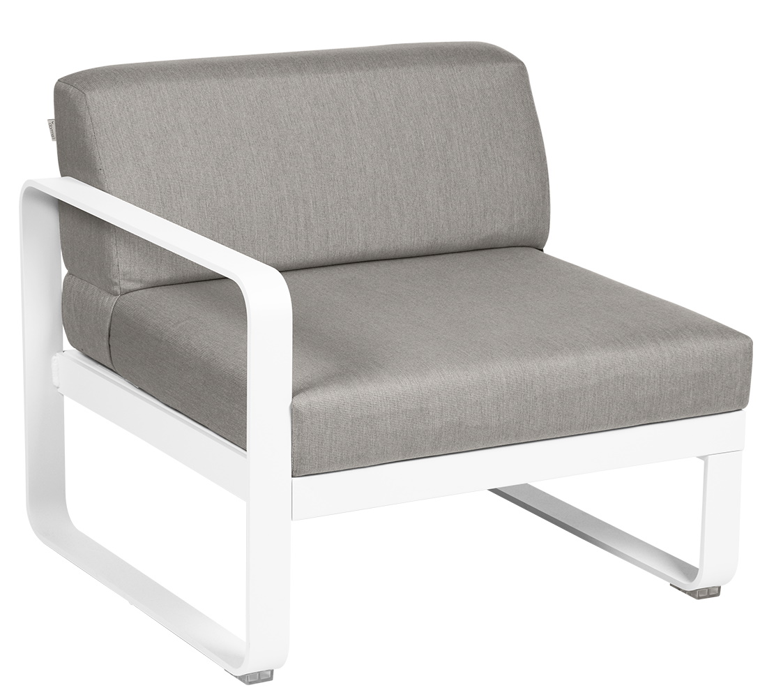 Bellevie Outdoor Sofa Modul links, 1-Sitzer mit grauem Stoffbezug und weißem Aluminiumgestell.
