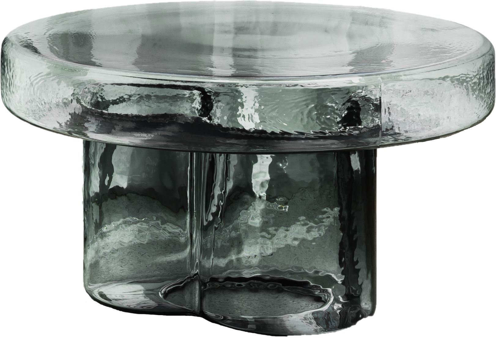 Petrolfarbener Soda Beistelltisch von Miniforms, runder Couchtisch aus strukturiertem Glas, modernes Design.