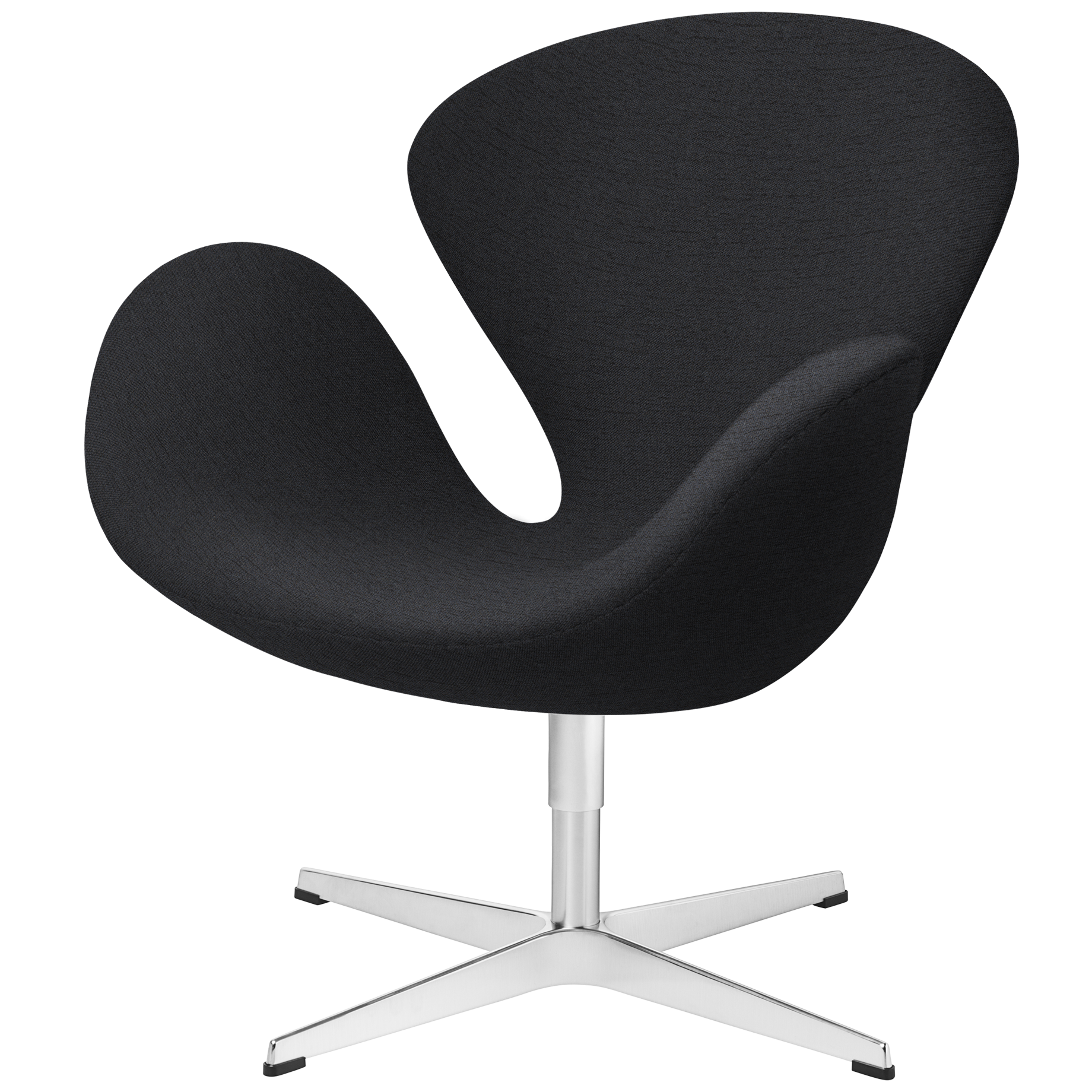 Schwarzer Schwan Sessel von Fritz Hansen mit Stoffbezug und Drehfuß aus Aluminium.