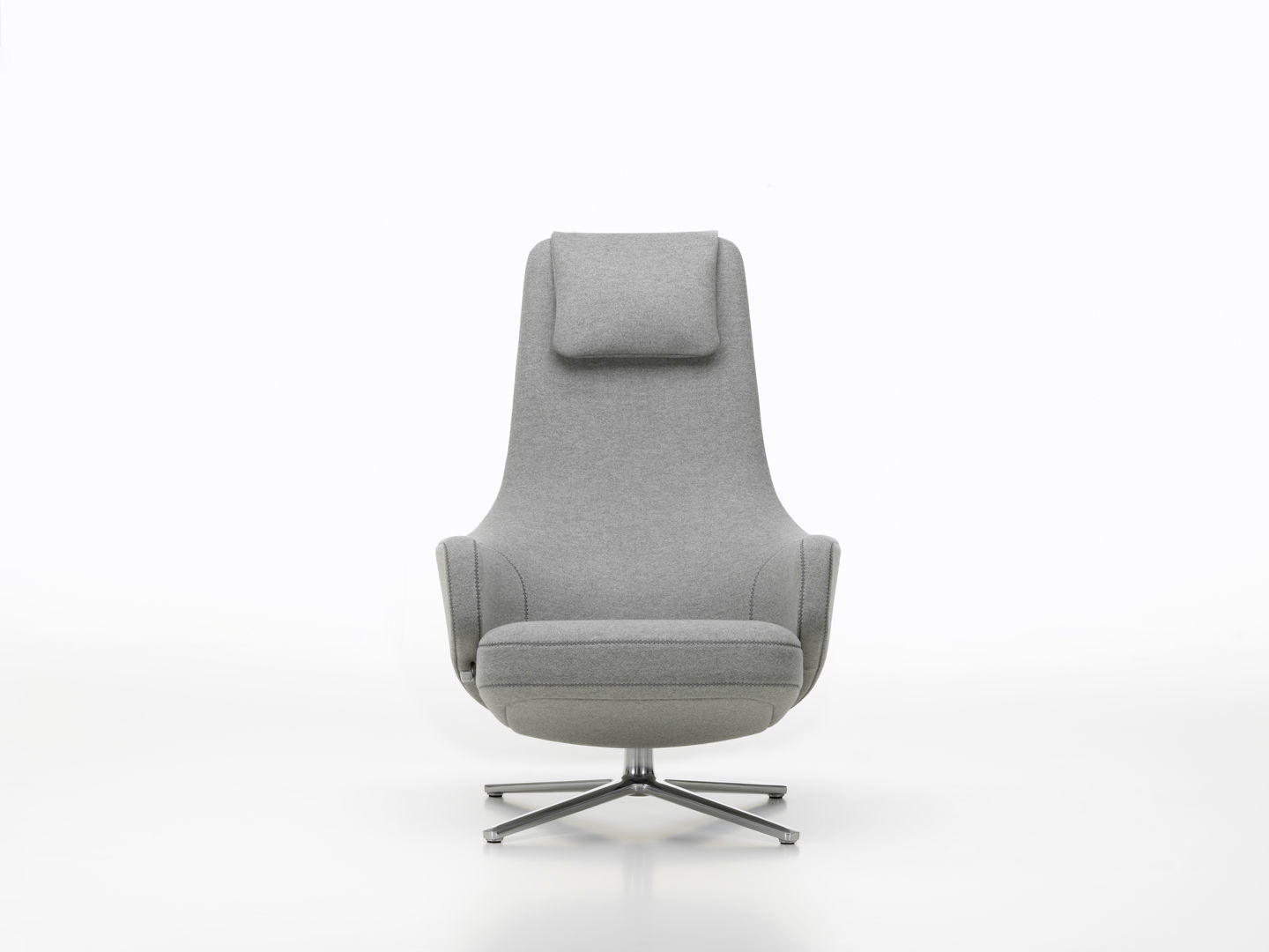 Vitra Repos Sessel in Grau mit hoher Rückenlehne und Drehfuß aus Aluminium.