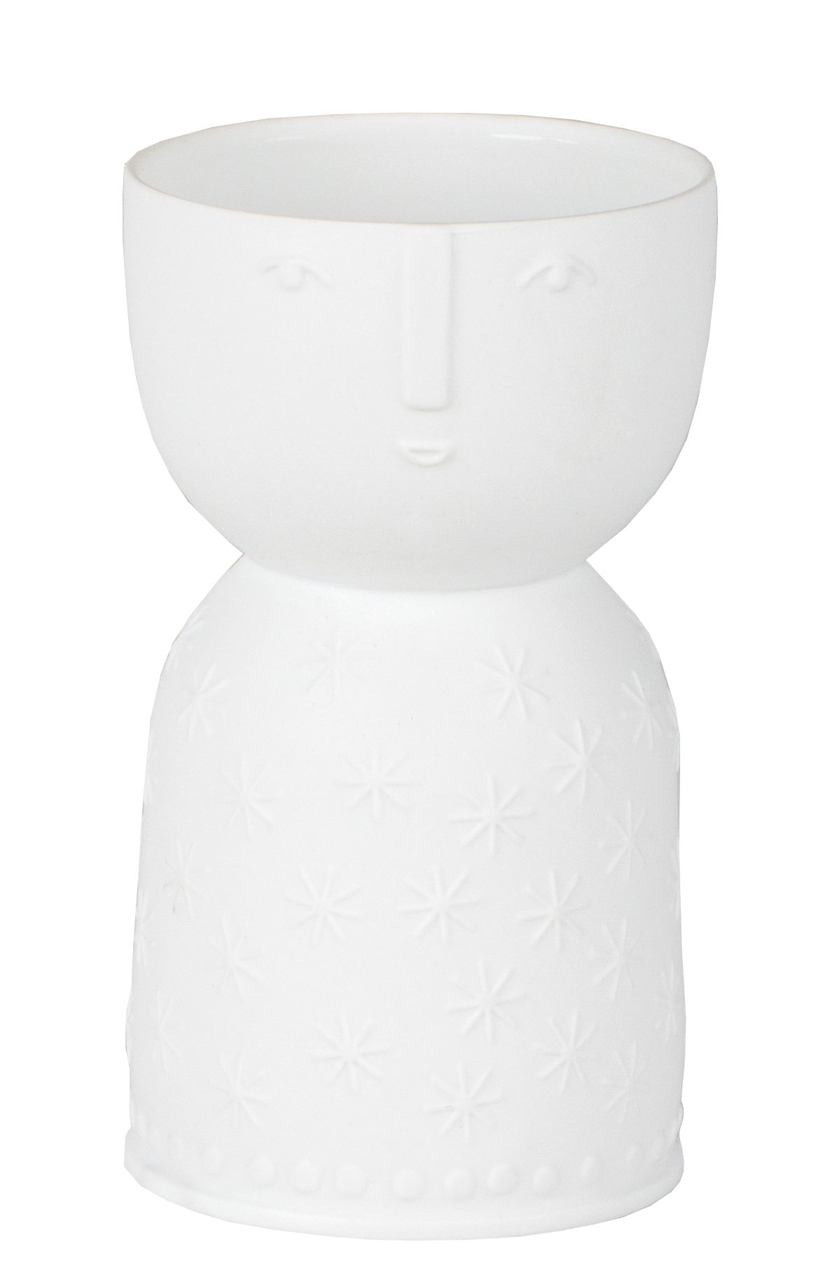 Weiße Räder Vase "Naturgestalten" mit Gesicht und Sternenmuster, Teil eines 3er Sets.