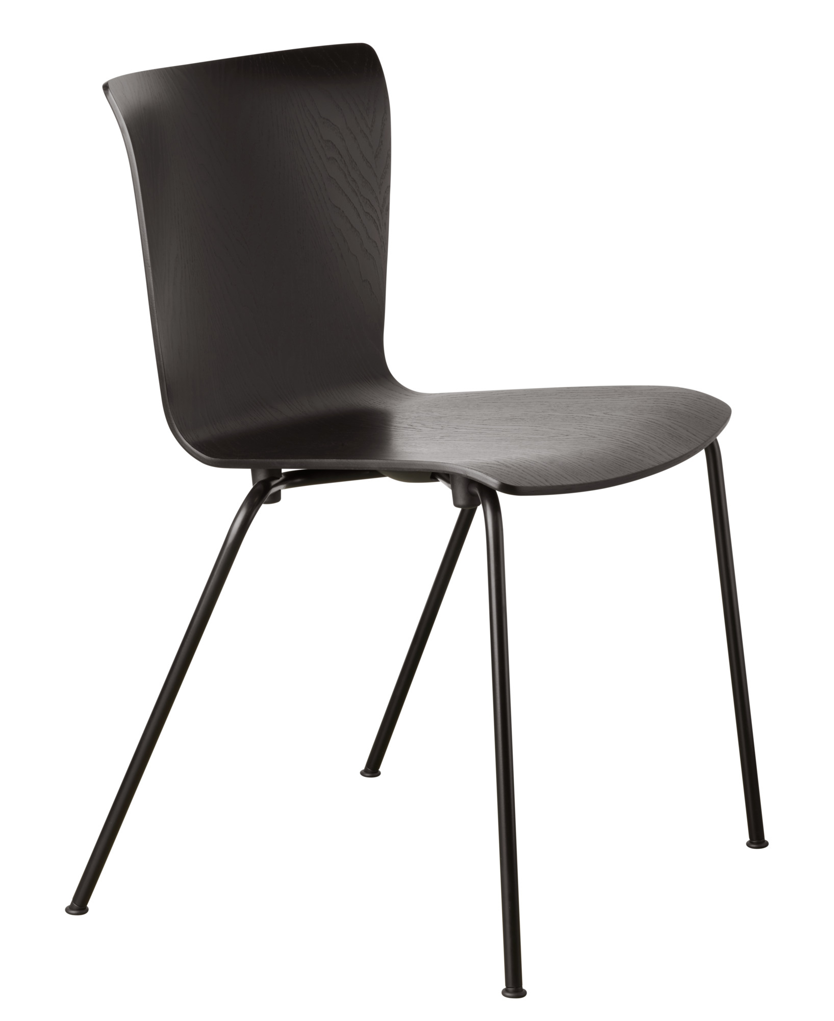 Schwarzer Vico Stuhl von Fritz Hansen mit Holzschale und filigranem Stahlgestell, modernes Möbeldesign.