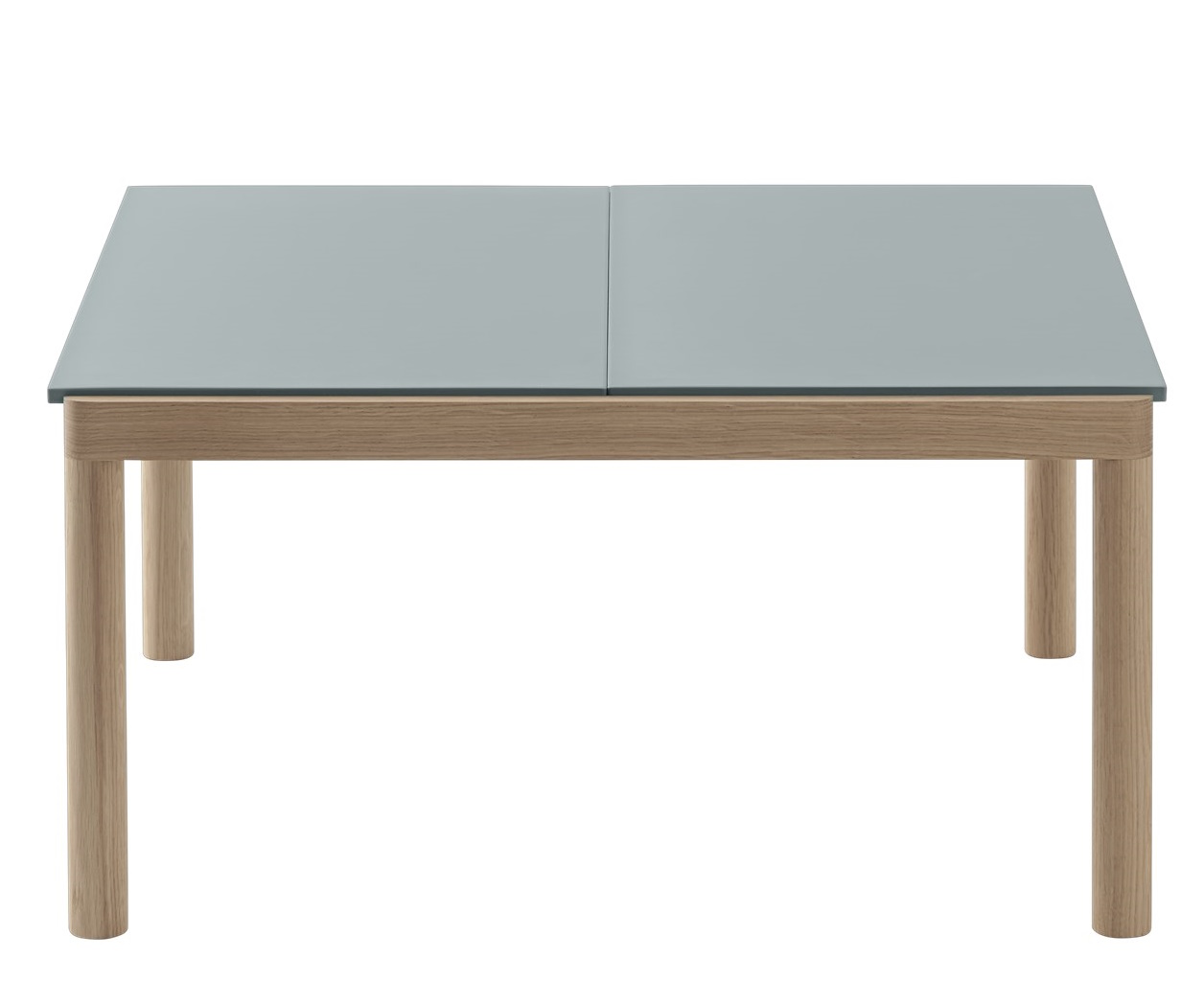 Muuto Couple Coffee Table: Moderner Couchtisch mit hellgrauer Tischplatte und hellem Holzgestell, quadratisch.