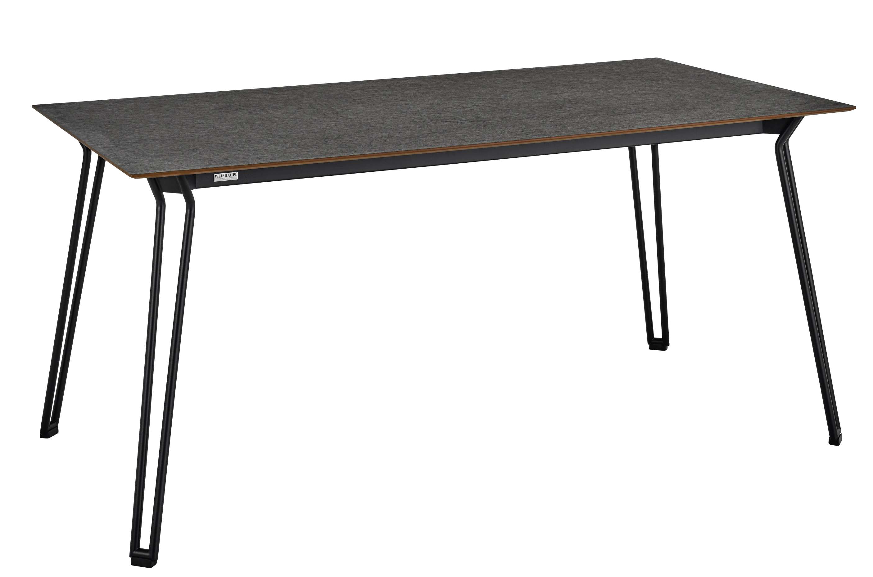 Weishäupl Slope Tisch, Esstisch für den Außenbereich mit dunkler Tischplatte und filigranem, schwarzen Metallgestell.