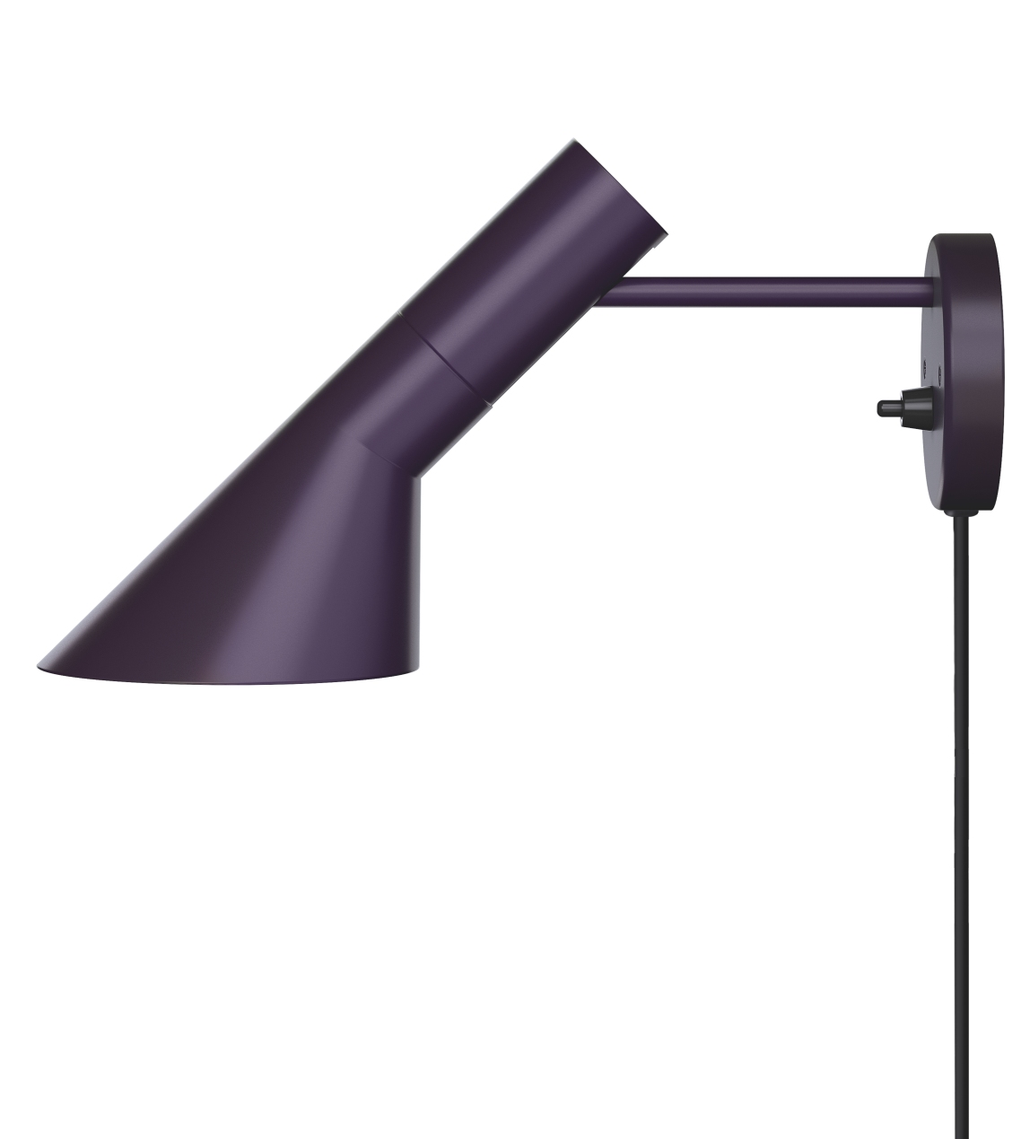 Nahaufnahme der violetten AJ Wandleuchte von Louis Poulsen, modernes Design für Innenräume.