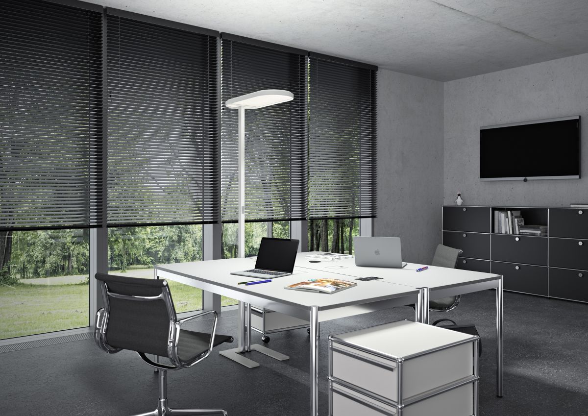 Büro mit Belux Kido Stehleuchte, U-Fuß in Schwarz, 4000K, für optimale Arbeitsplatzbeleuchtung.