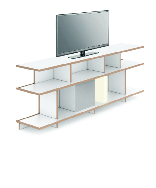 Weißes Tojo Stell Regal Anbaumodul niedrig mit TV, modernes Wohnzimmerregal für Medien und Dekoration.