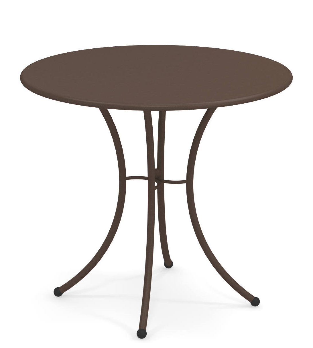 Pigalle Tisch rund Outdoor Emu, brauner Gartentisch mit filigranem Metallgestell für den Außenbereich.