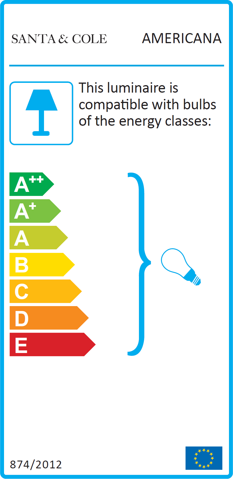 Energielabel der Americana Stehleuchte von Santa & Cole mit Energieeffizienzklassen A++ bis E.