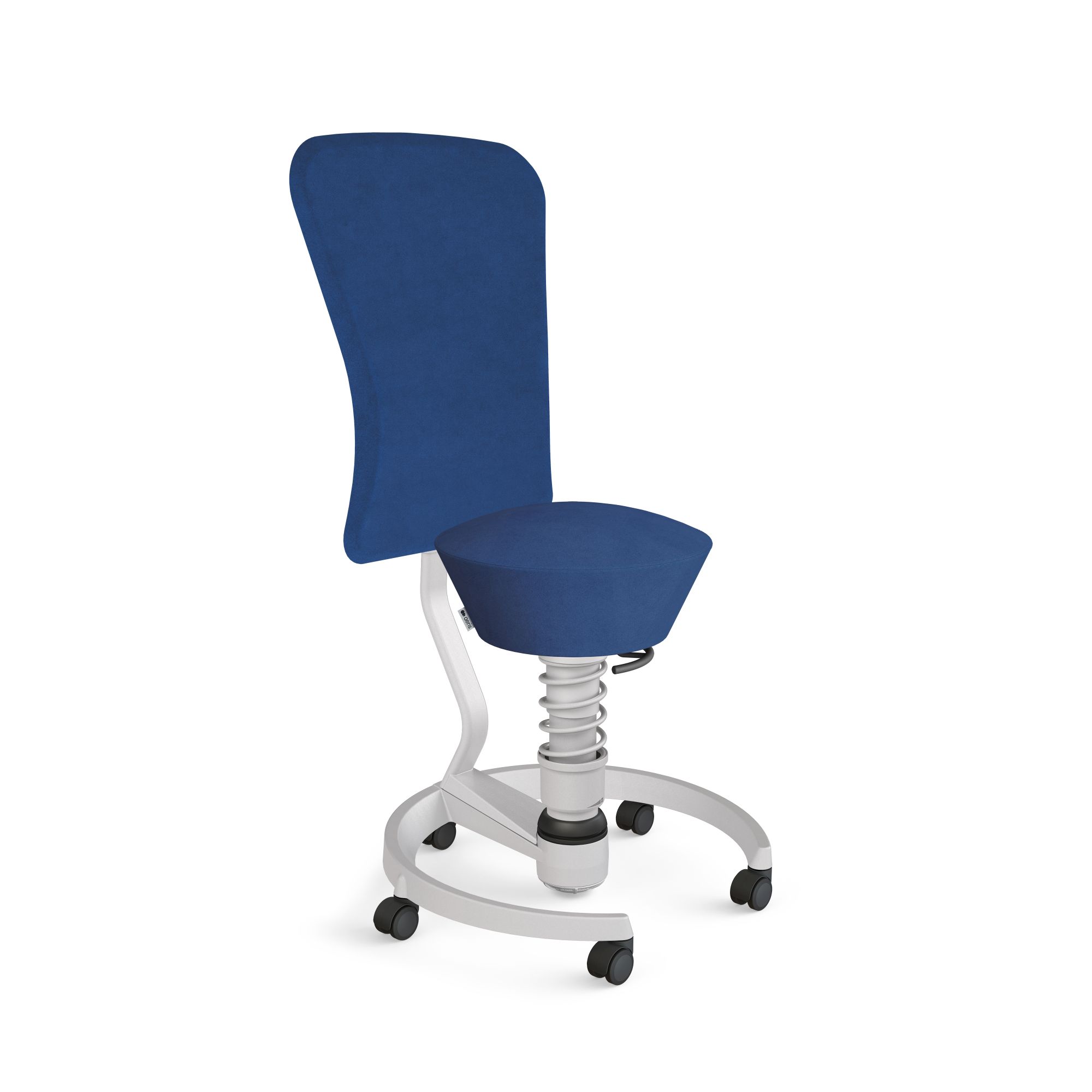 Blauer Bürostuhl mit Rückenlehne, ergonomisch, höhenverstellbar und mit Rollen auf weißem Hintergrund.