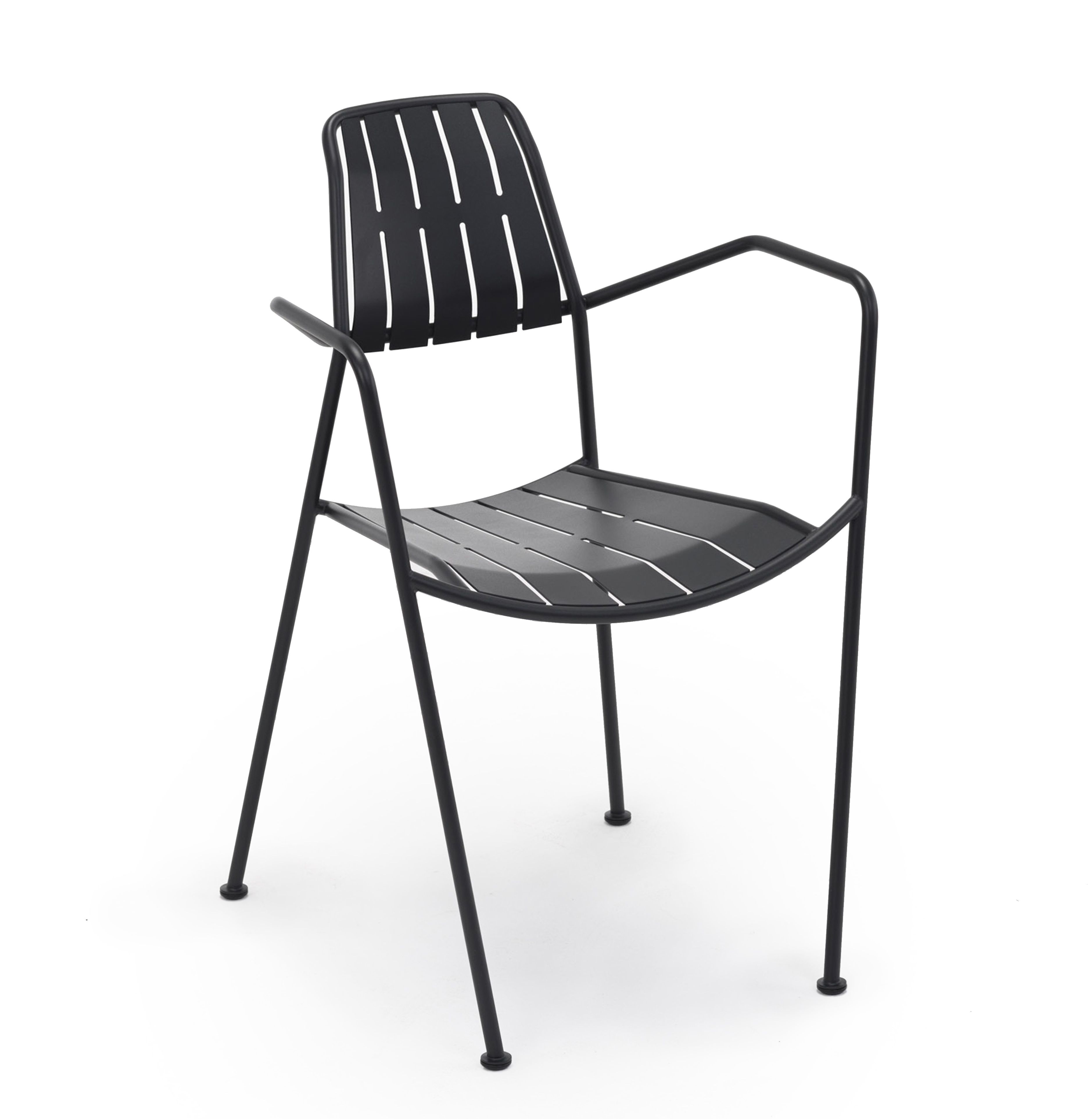 Osmo Stuhl von Prostoria, schwarzer Outdoor Stuhl aus Metall mit Armlehnen für Garten und Terrasse.