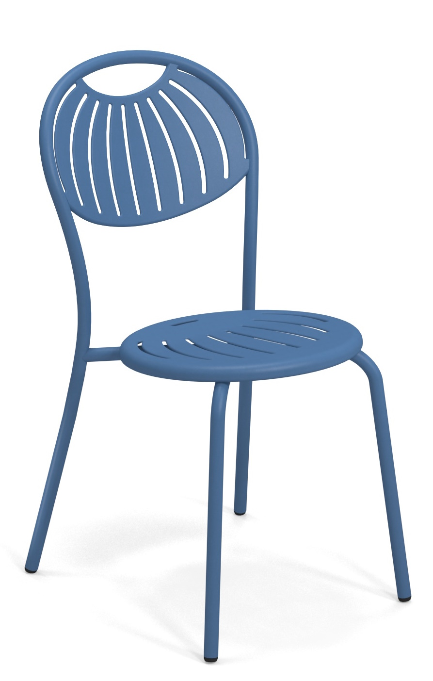 Blauer Coupole Stuhl von Emu für den Außenbereich, moderner Gartenstuhl mit Stahlgestell und Lamellendesign.