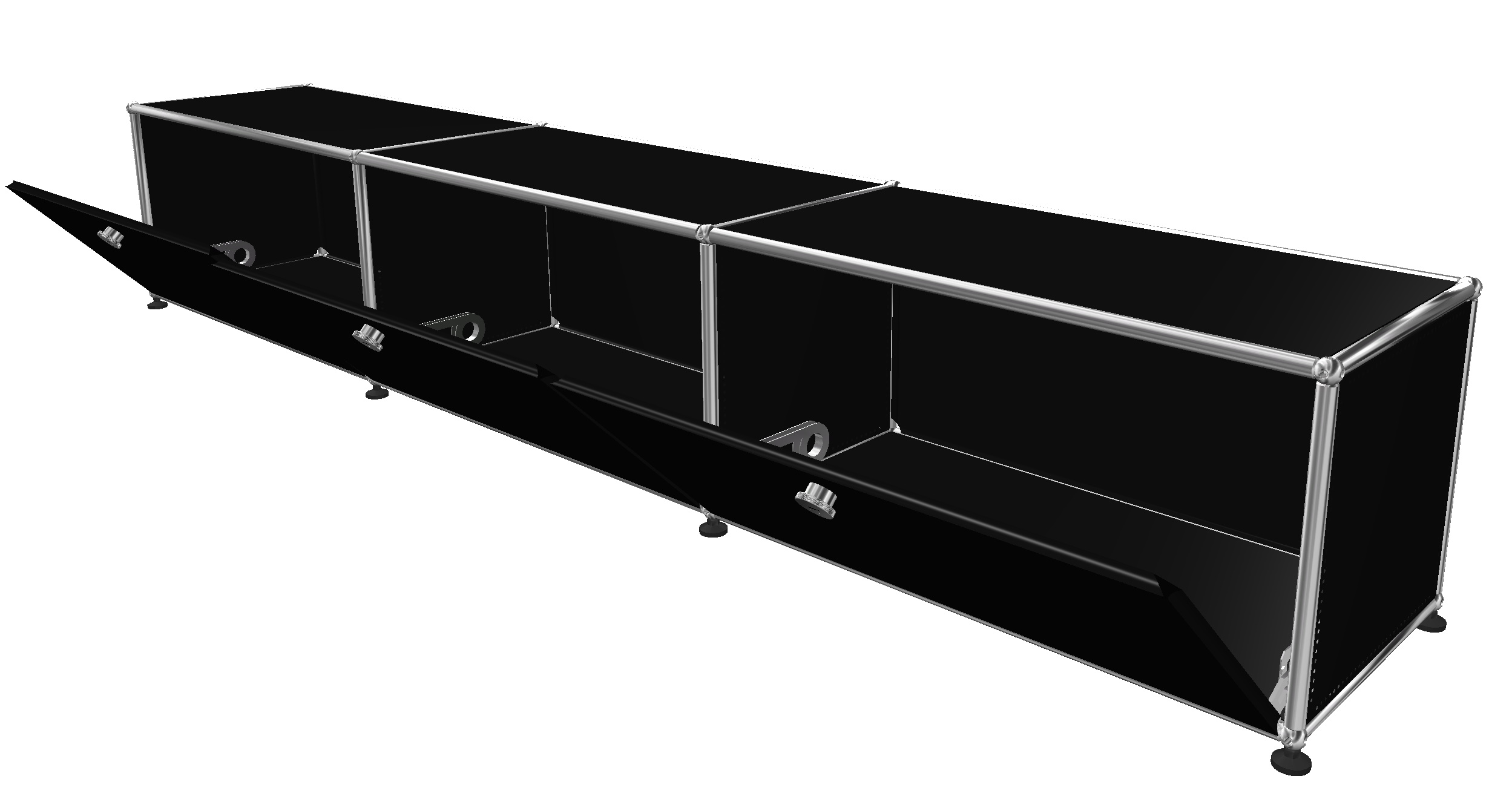 USM Haller Lowboard in Graphitschwarz mit drei Klappen, modernes Designmöbel für stilvolle Wohnräume.