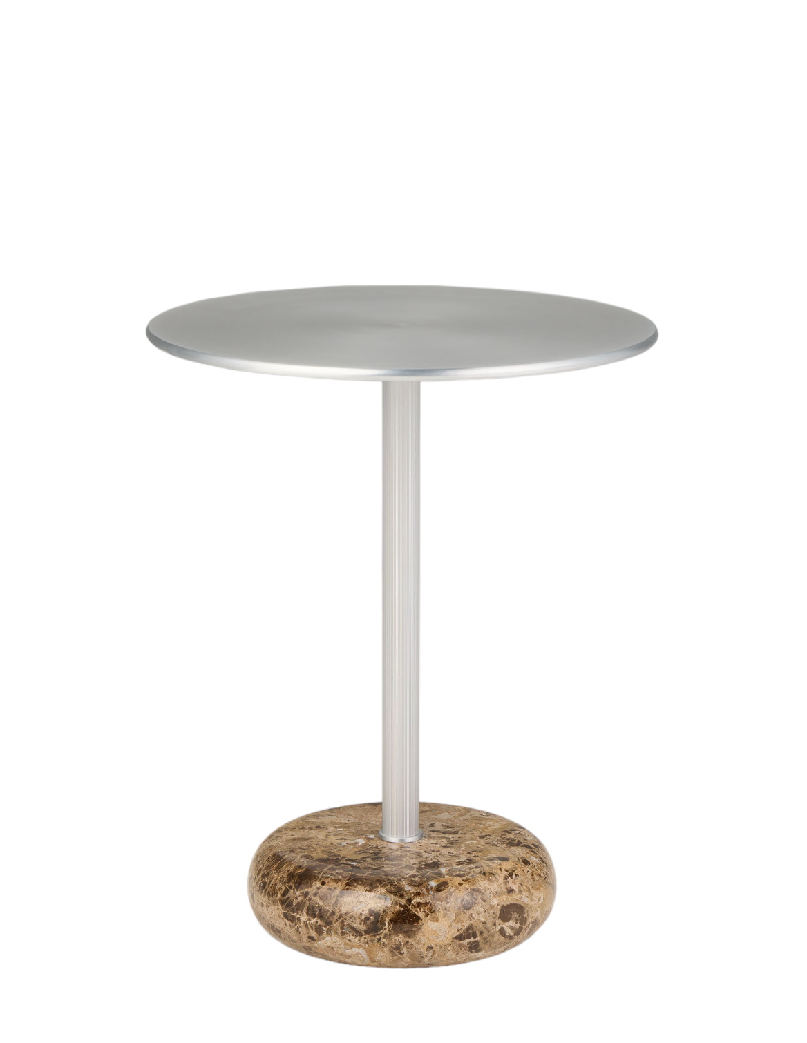 Northern Ton Beistelltisch H50cm mit runder, silberner Tischplatte und braun-gemusterter Marmorbasis.