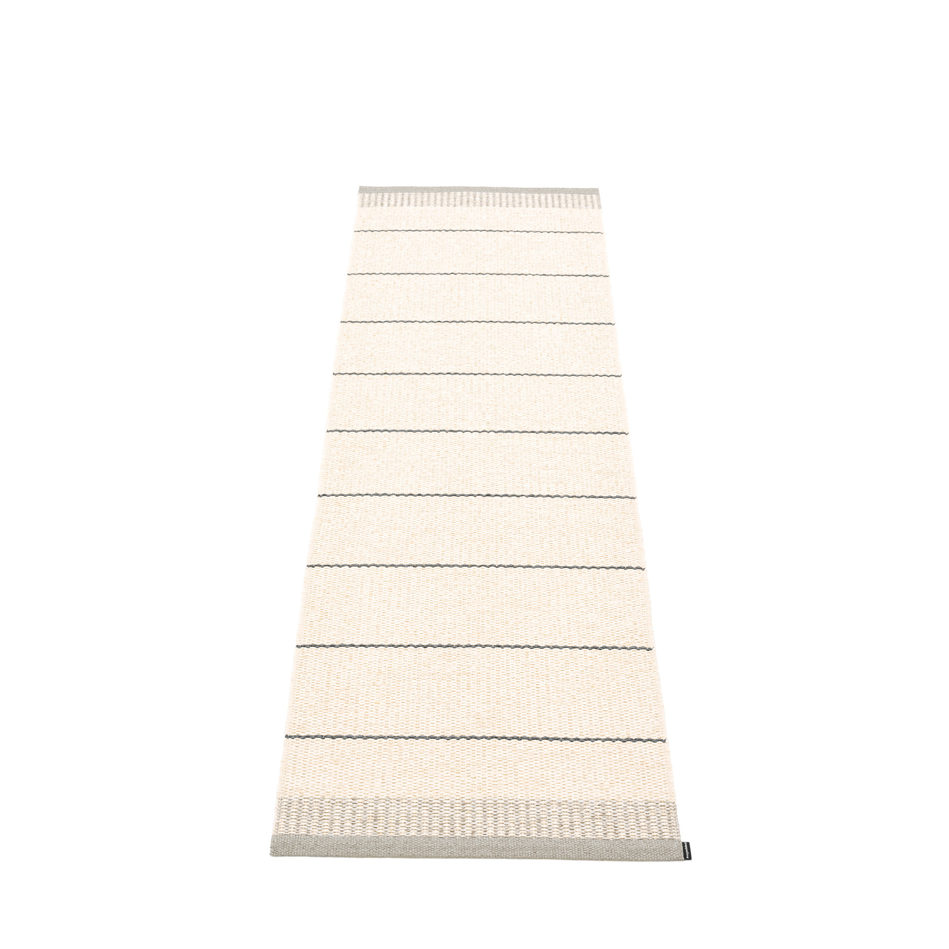 Belle Kunststoffteppich in warmem Grau, 60x200 cm, mit horizontalen Streifen. Ideal als Küchenteppich oder Badteppich.