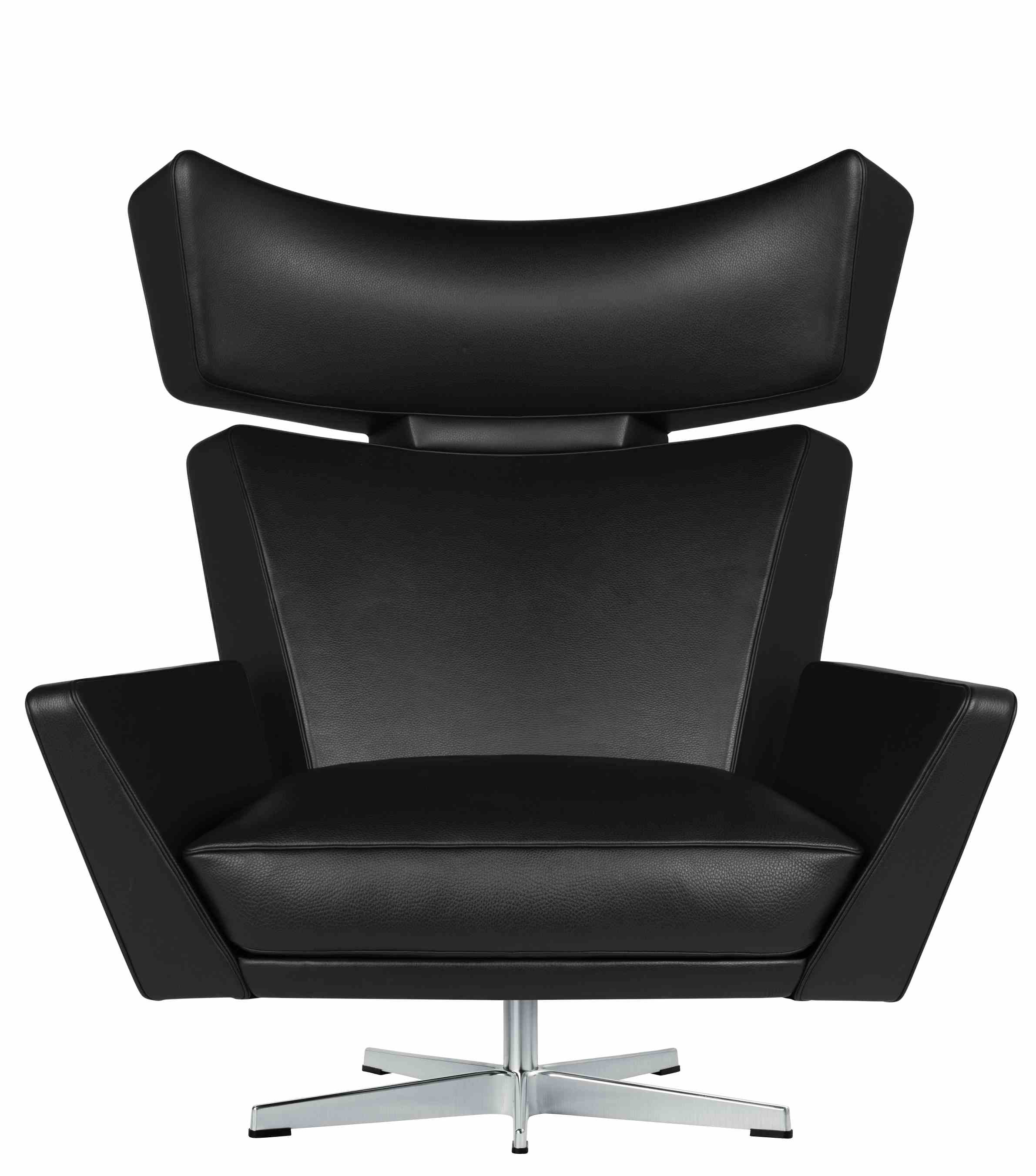 Schwarzer Oksen Sessel von Fritz Hansen mit Lederbezug und Drehfuß aus Aluminium.