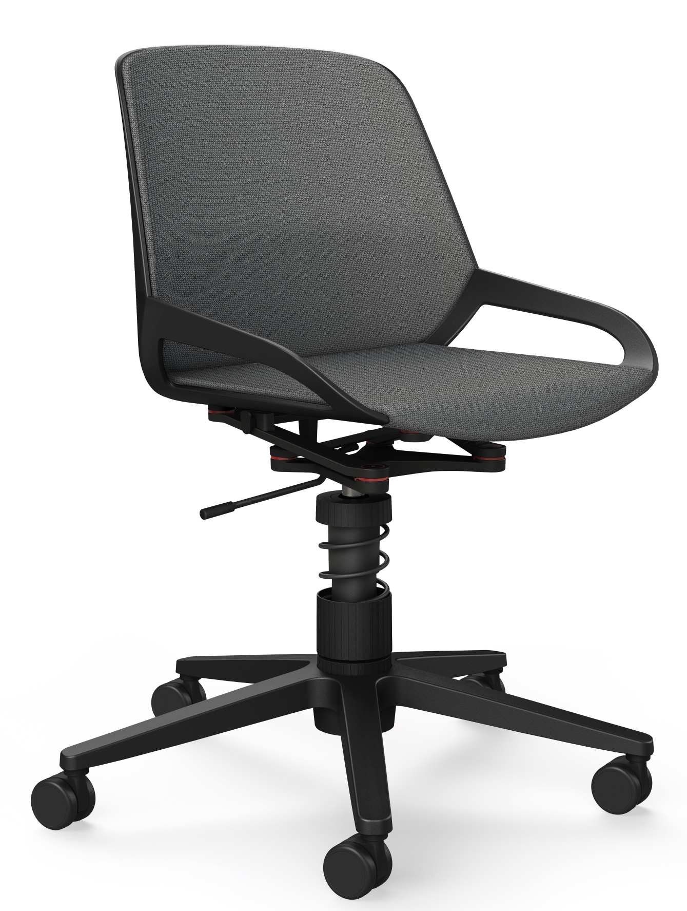 Numo Task Bürodrehstuhl von Aeris, ergonomischer Arbeitsstuhl mit grauem Stoffbezug, schwarzem Gestell und Rollen.