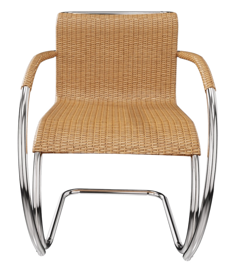 MR Stuhl mit Armlehnen von Knoll International, Rattan-Geflecht und verchromtes Stahlrohr Gestell, Frontansicht.