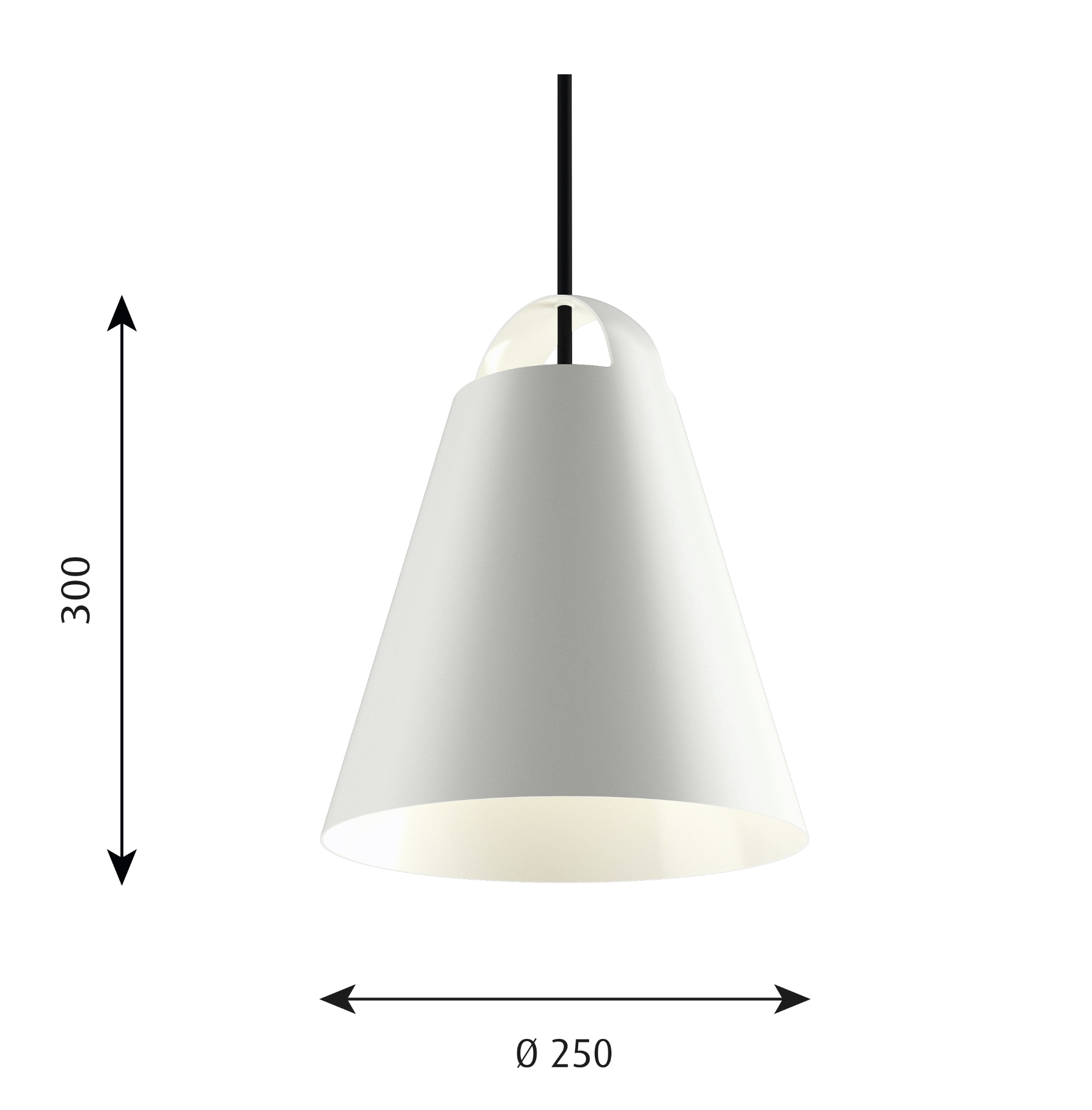 Weiße Above Pendelleuchte von Louis Poulsen mit Maßen, skandinavisches Design für Wohnzimmer und Esszimmer.