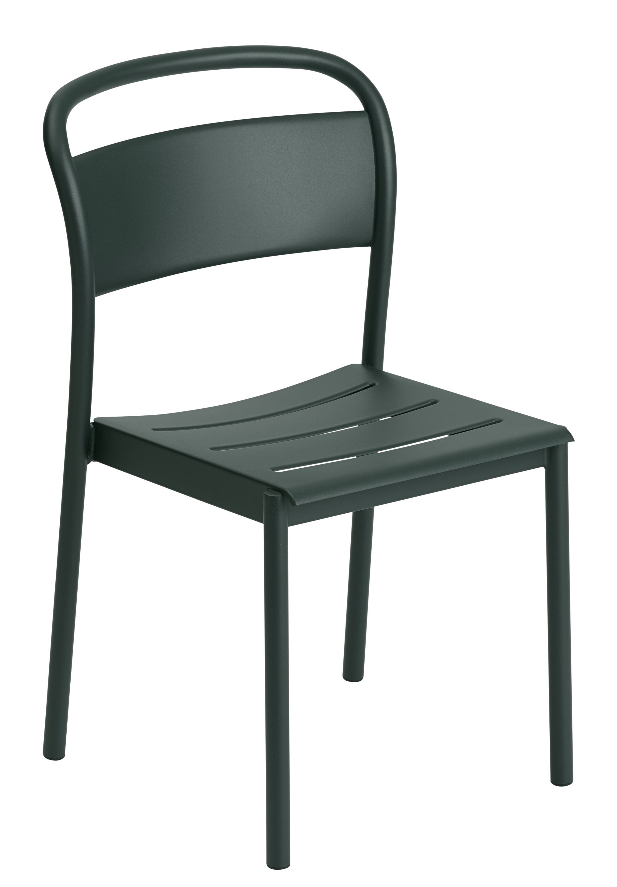 Muuto Linear Steel Stuhl für den Außenbereich in Dunkelgrün, moderne Gartenmöbel mit minimalistischem Design.