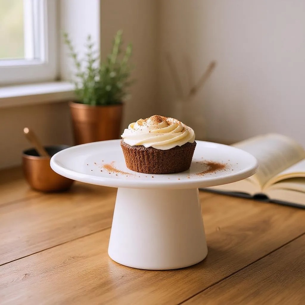Etagere mit Cupcake: Nahaufnahme einer weißen Kuchen Etagere von Räder mit einem dekorierten Muffin.