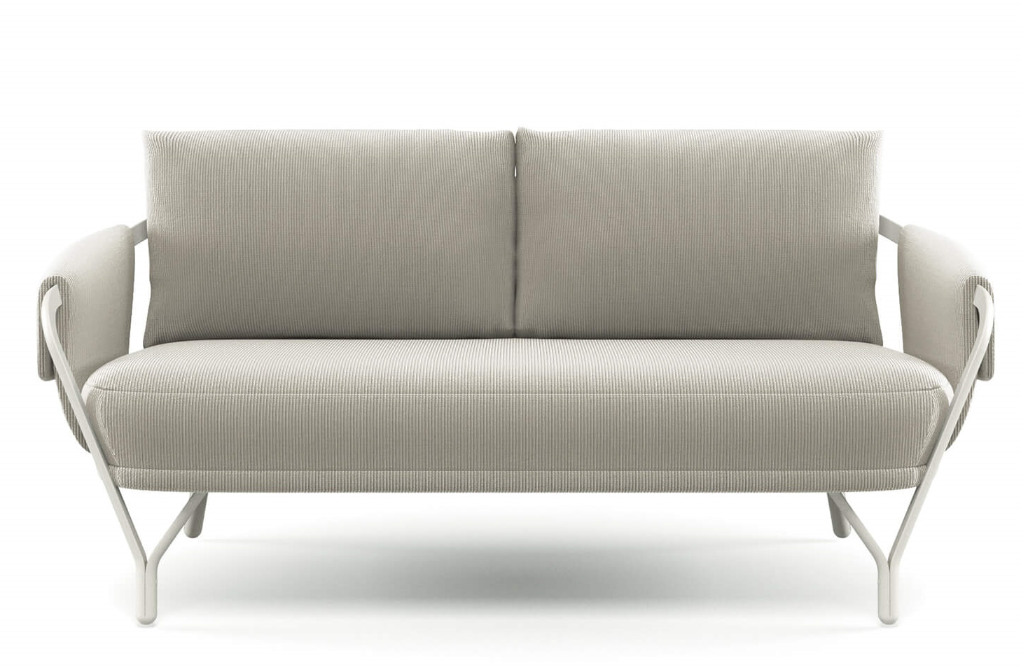 Angel Sofa: Emu 2-Sitzer Outdoor Sofa in Beige mit Kordbezug und weißem Metallgestell.