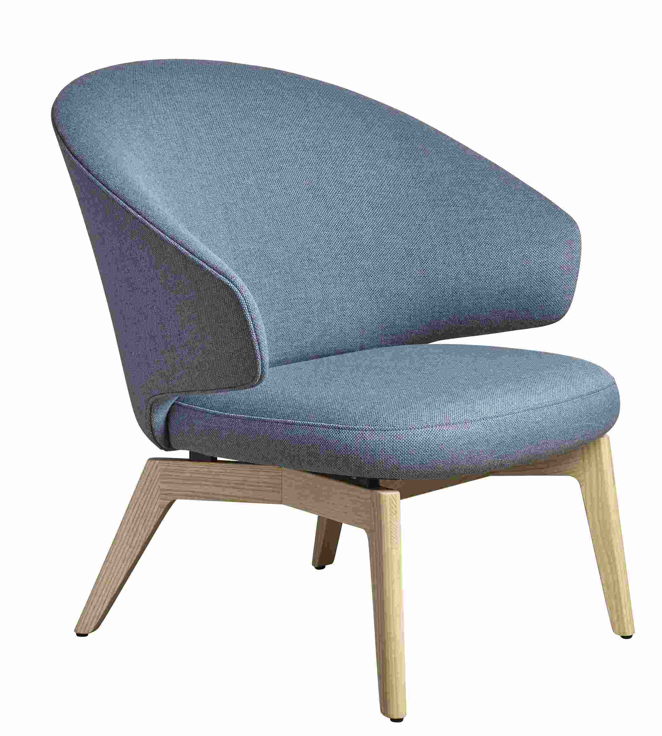 Blauer Fritz Hansen Let Sessel mit Holzbeinen, moderner Loungesessel für Wohnzimmer und Büro.