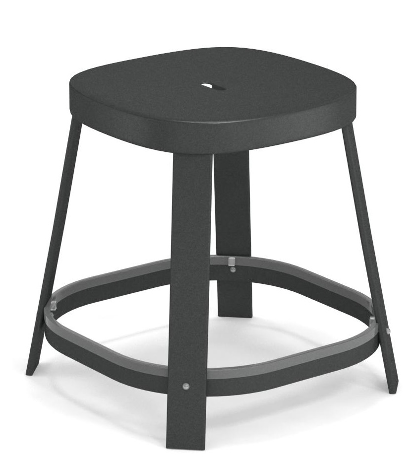 Thor Dining Stool: Schwarzer, niedriger Barhocker von Emu für den Außenbereich, quadratische Sitzfläche.