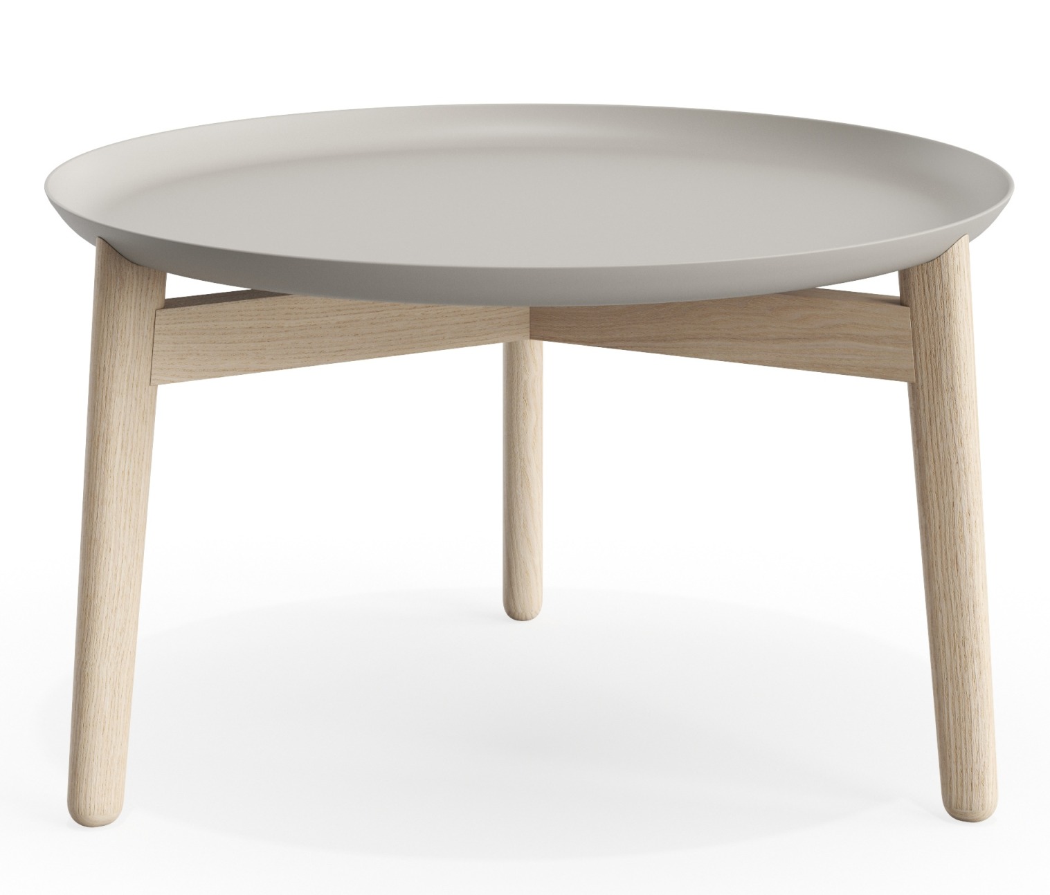 Plaisir 2 Beistelltisch von Zeitraum, runder Aluminiumtisch in Grau mit hellem Holzgestell, Höhe 32 cm.