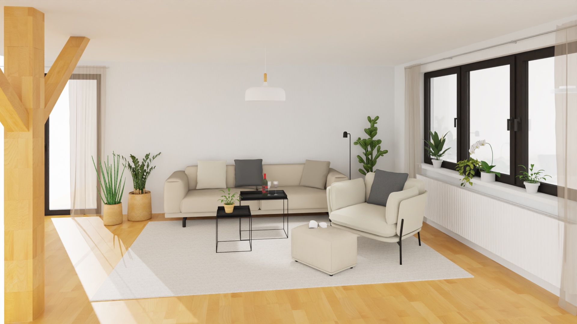 Helles Wohnzimmer mit beigem Sofa, Sessel, Couchtisch und Zimmerpflanzen für modernes Wohnen.